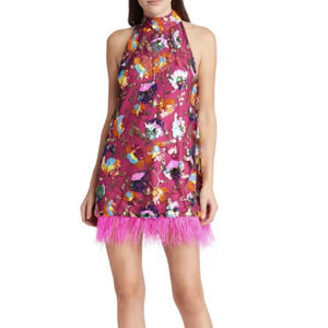 Amylynn Floral Sequined Mini Dress Size Large Pink w/Feather Trim Bnft Charity